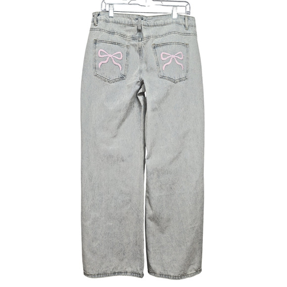 NWT Edikted Wide Leg Jean LARGE 32x30 Cotton Light Blue Denim Bow Pocket Relaxed - Picture 3 of 16